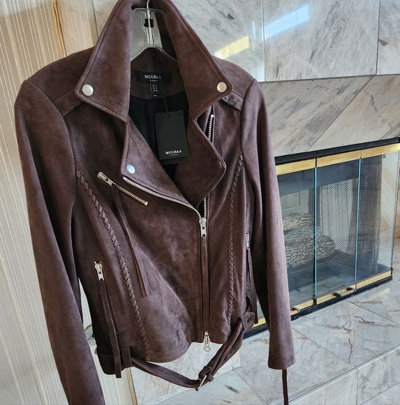 MUUBAA Brown Leather Belted Biker Moto Jacket NWT - Picture 1 of 14